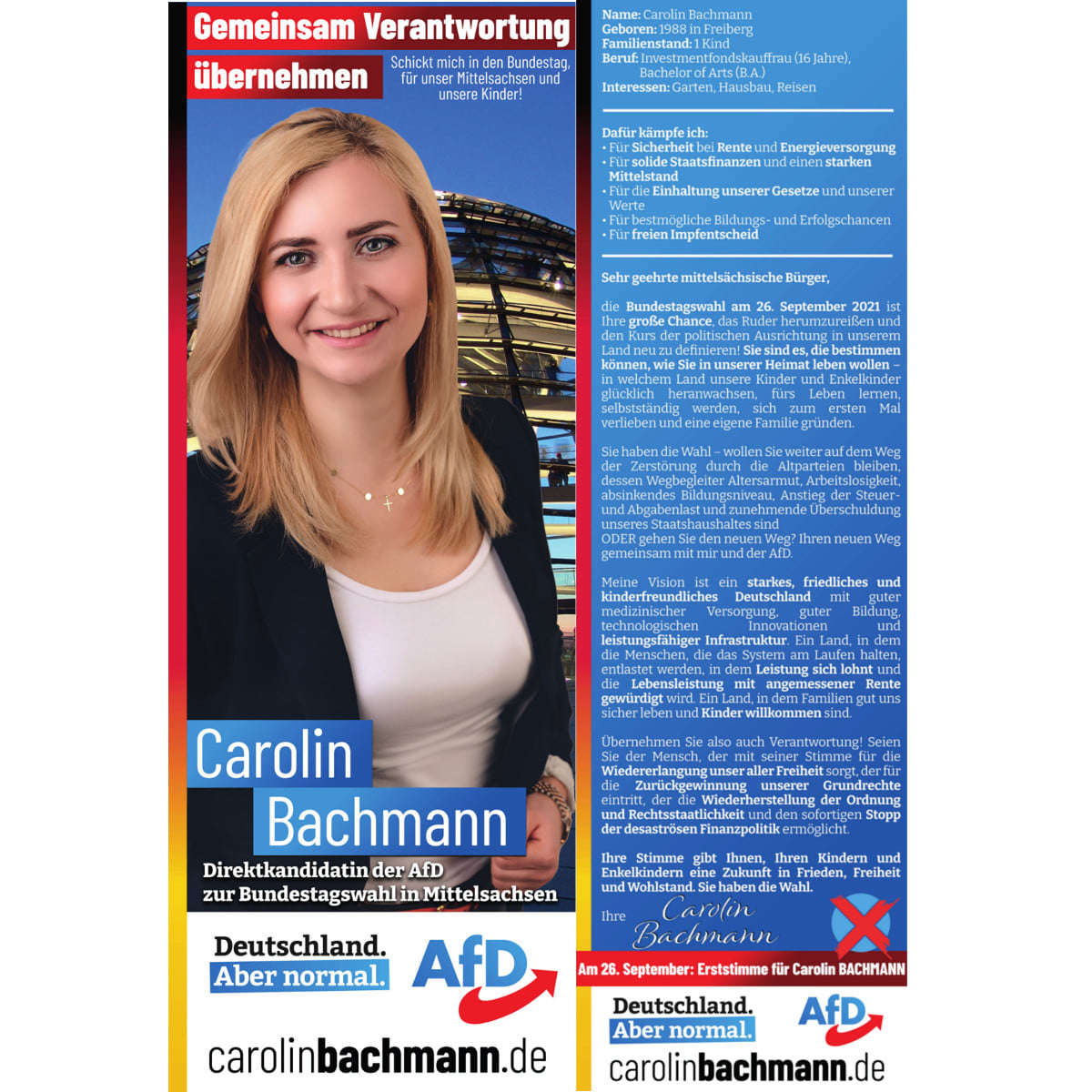 Freiheit ist wählbar! Ihre Erststimme für Carolin Bachmann!