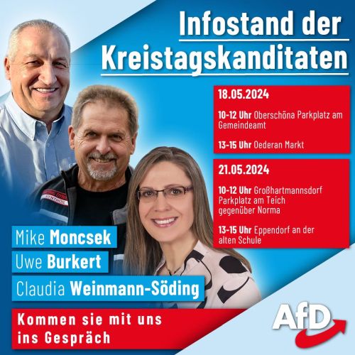 Infostände der Kreistagskandidaten Mike Moncsek, Uwe Burkert und Claudia Weinmann-Söding
